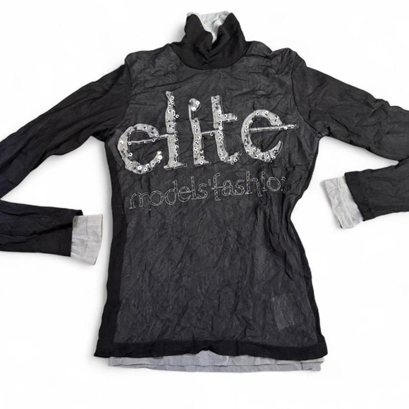 Micro Mesh Turtle Neck Graphic Long Sleeve Y2K Grunge Alt Goth MallCore - Picture 1 of 5